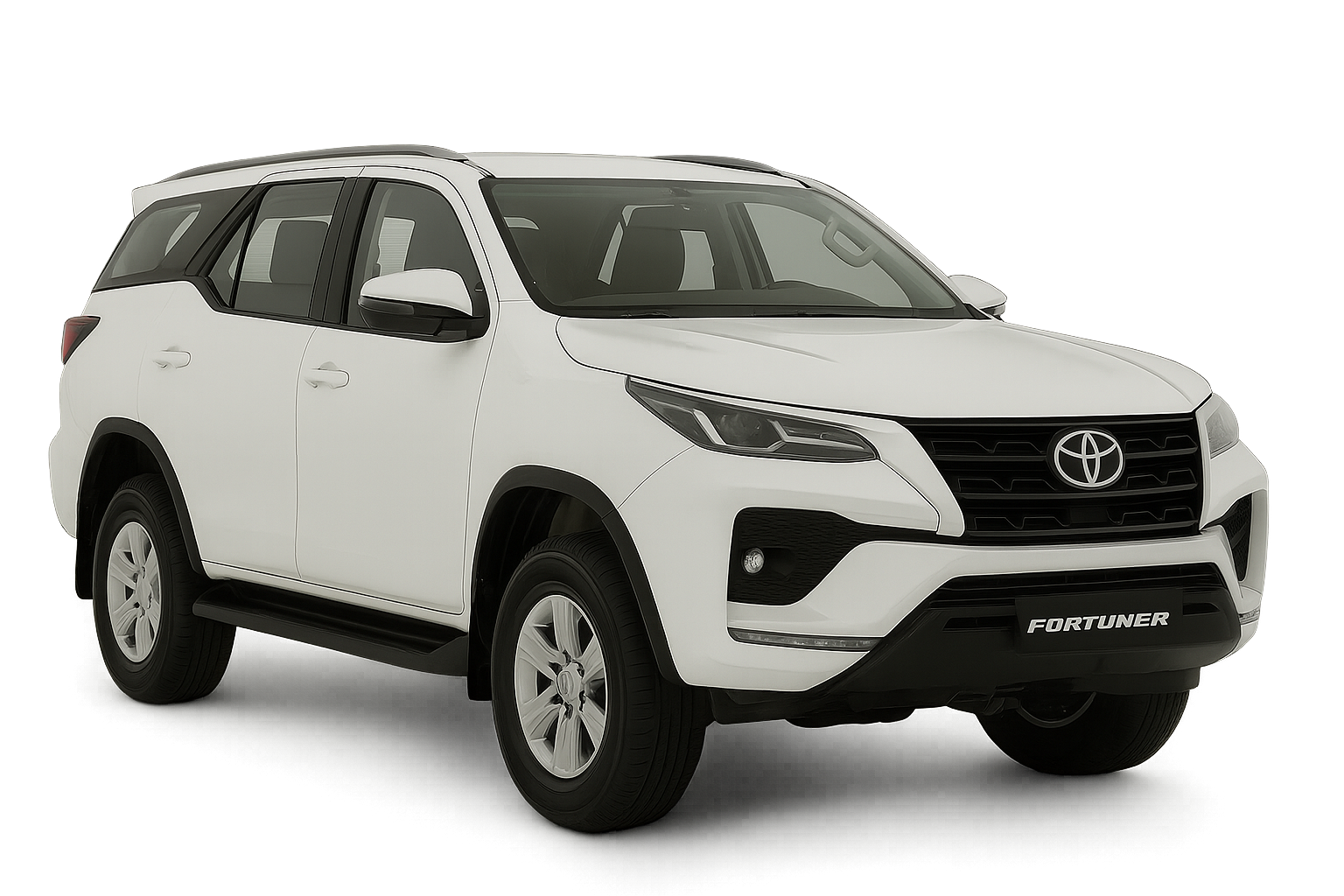 mobil Toyota Fortuner berwarna putih full menghadap ke kanan